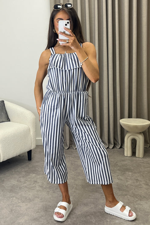 Esmme Grey Stripe Print Frill Detail Culotte Jumpsuit