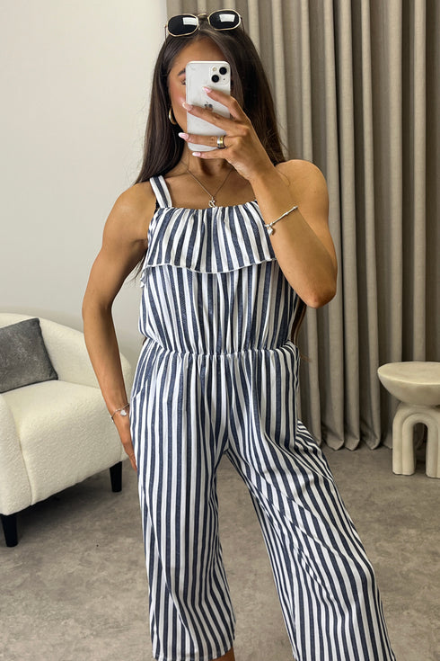 Esmme Grey Stripe Print Frill Detail Culotte Jumpsuit