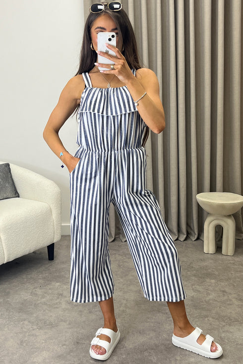 Esmme Grey Stripe Print Frill Detail Culotte Jumpsuit