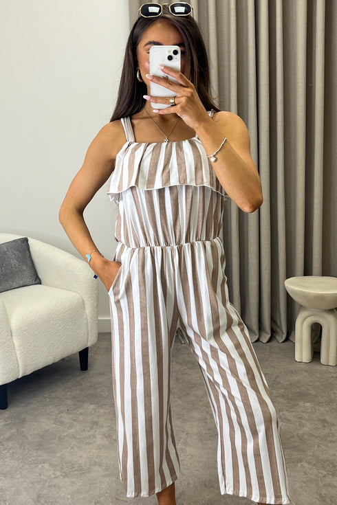 Esmme Beige Stripe Print Frill Detail Culotte Jumpsuit