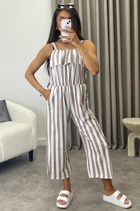 Esmme Beige Stripe Print Frill Detail Culotte Jumpsuit