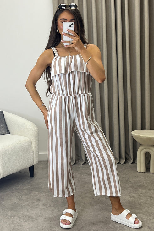 Esmme Beige Stripe Print Frill Detail Culotte Jumpsuit