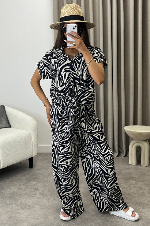 Elarie Black and Beige Zebra Print Tie Front Shirt and Trousers Co-Ord Set