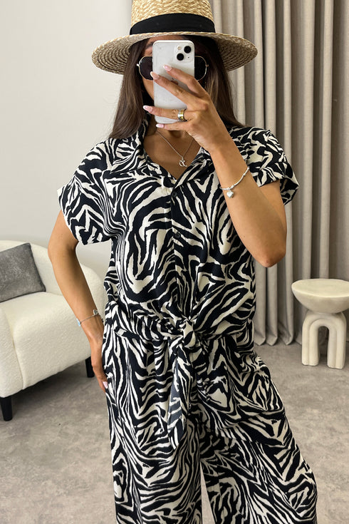 Elarie Black and Beige Zebra Print Tie Front Shirt and Trousers Co-Ord Set