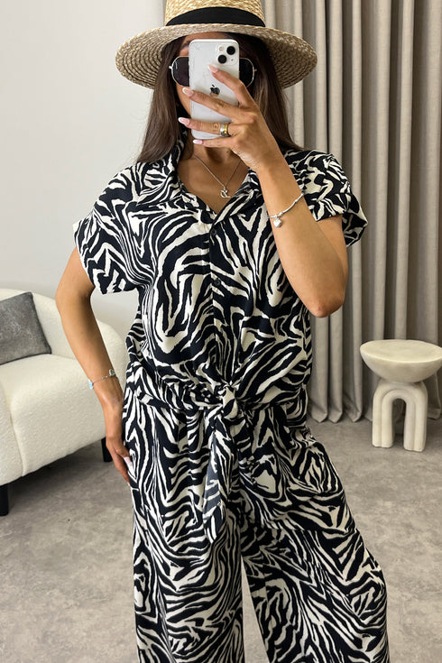 Elarie Black and Beige Zebra Print Tie Front Shirt and Trousers Co-Ord Set