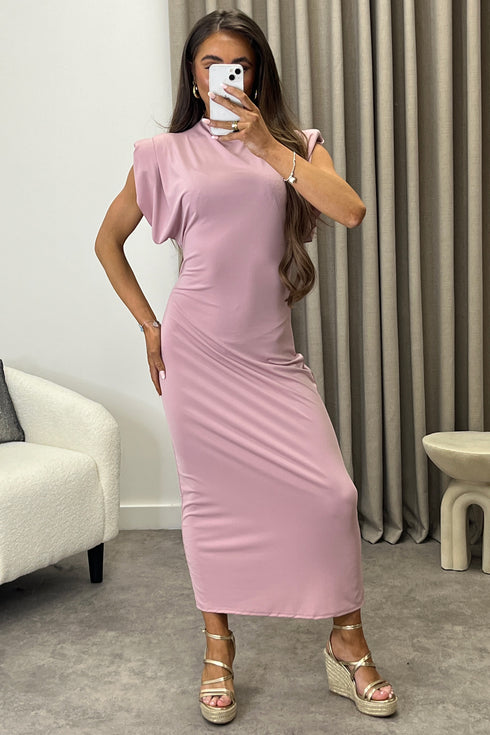 Naomhi Pink High Neck Draped Sleeve Slinky Maxi Dress
