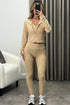 Tiana Beige Waffle Textured Zip Up 3 Piece Gym Set