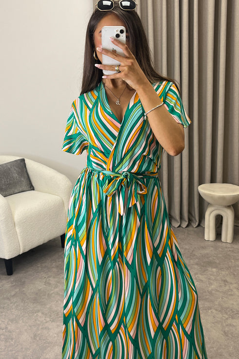 Gwyn Green Multi Stripe Print Plunge Belted Maxi Dress