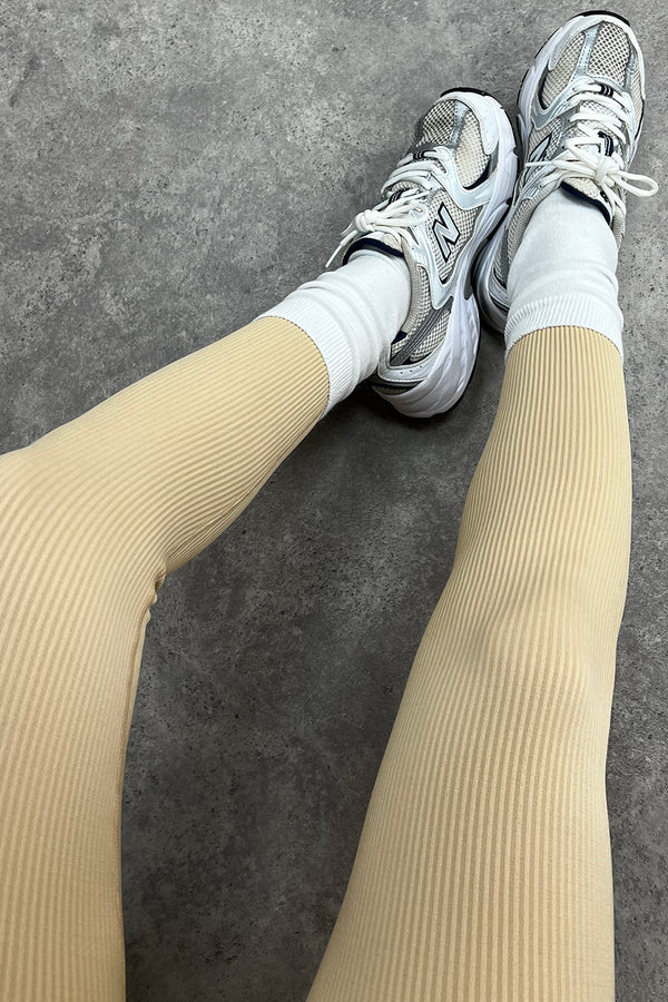 Megs Beige Ribbed High Waisted Gym Leggings