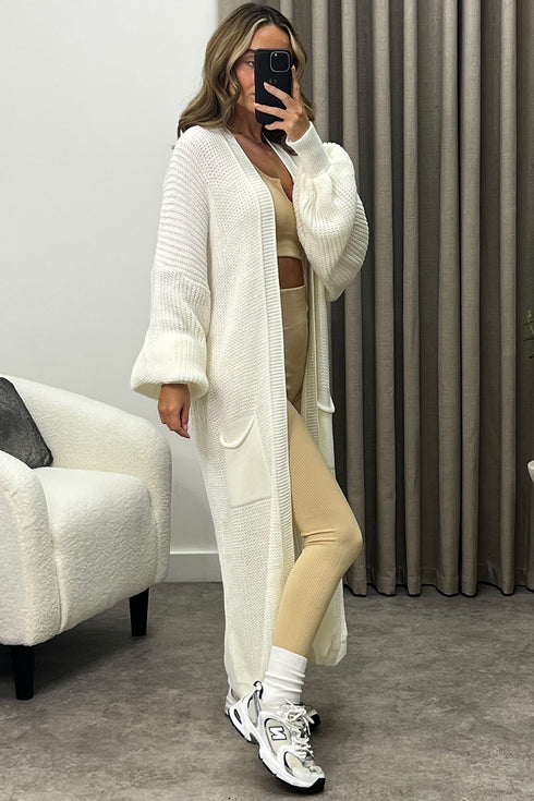 Rudy White Balloon Sleeve Maxi Knitted Cardigan