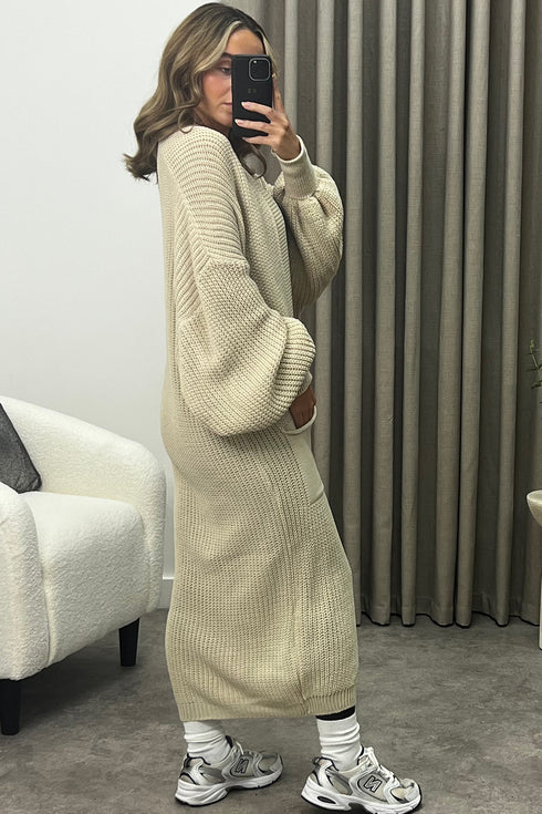 Rudy Beige Balloon Sleeve Maxi Knitted Cardigan