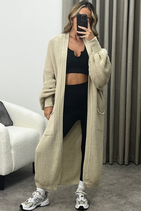 Rudy Beige Balloon Sleeve Maxi Knitted Cardigan