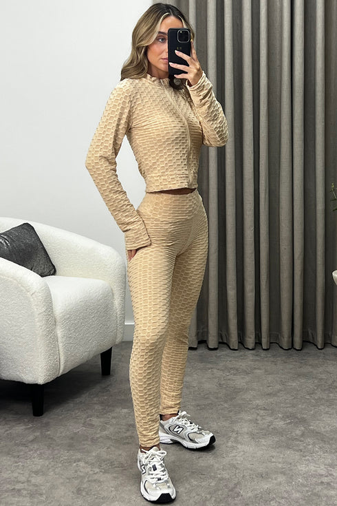 Tiana Beige Waffle Textured Zip Up 3 Piece Gym Set