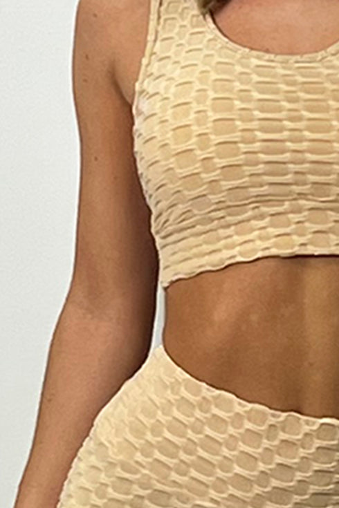 Tiana Beige Waffle Textured Zip Up 3 Piece Gym Set