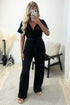 Danica Black Tie Belt Wrap Plisse Wide Leg Jumpsuit