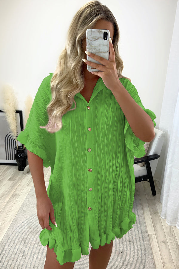 Macie Green Textured Frill Hem Button Up Shirt Dress