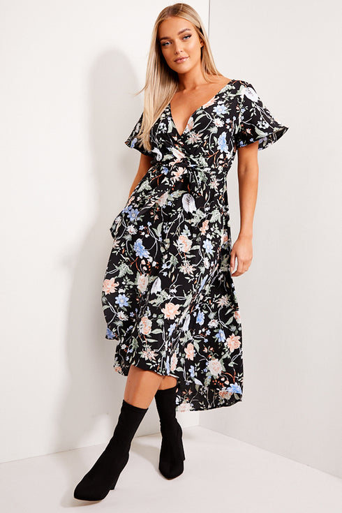 Black Floral Print Tie Waist Maxi Dress