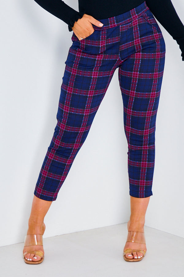 Navy & Red Check Cropped Trousers