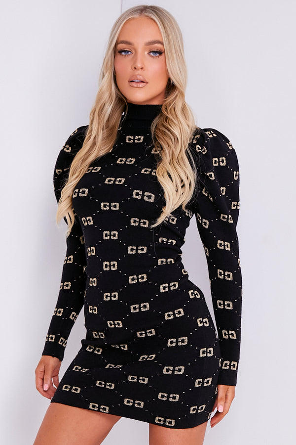 Black Knit High Neck CC Print Dress