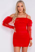Red Ruched Mesh Bardot Mini Dress