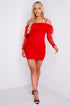 Red Ruched Mesh Bardot Mini Dress