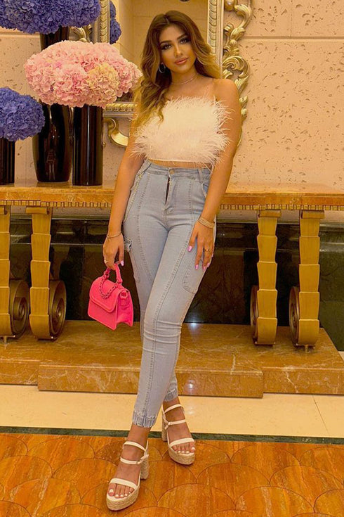 Thea Blue Denim Chain Detail Skinny Cargo Trousers