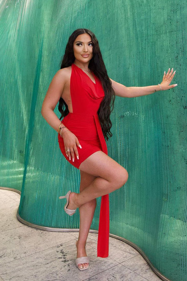 Lia Red Cowl Halterneck Ruched Drape Mini Dress