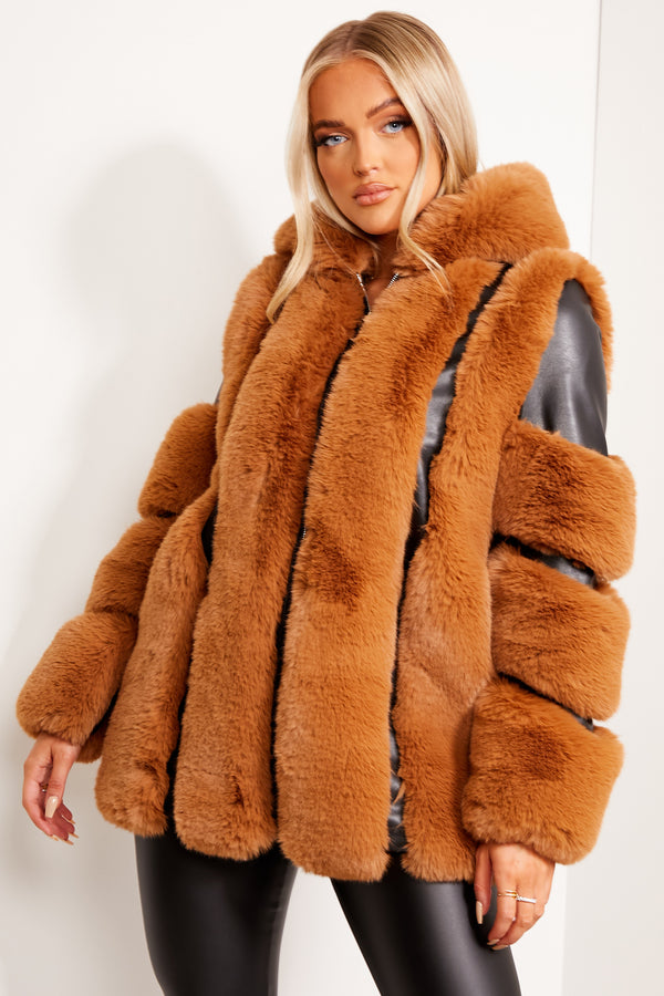 Yasmin Black and Camel Faux Fur PU Longline Coat
