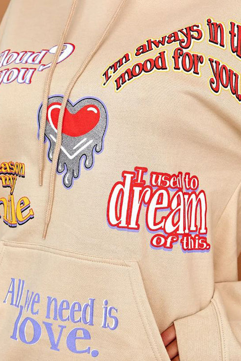 Farrah Beige All We Need Is Love Slogan Oversized Hoodie
