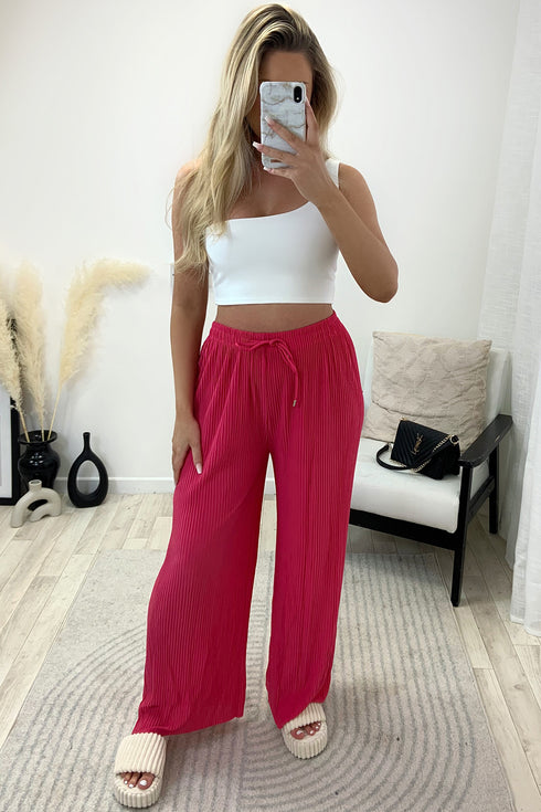 Tanya Hot Pink Plisse High Waisted Drawstring Wide Leg Trousers