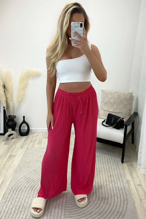 Tanya Hot Pink Plisse High Waisted Drawstring Wide Leg Trousers