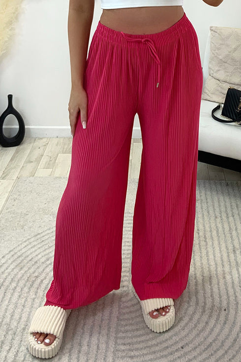 Tanya Hot Pink Plisse High Waisted Drawstring Wide Leg Trousers