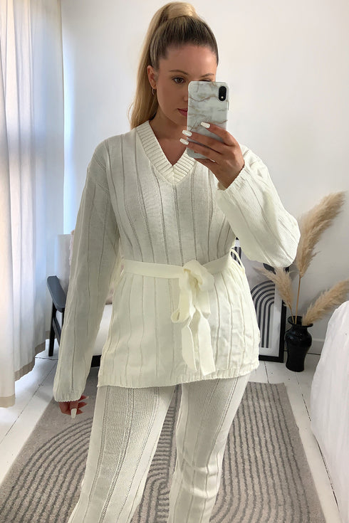 Jolie Cream Rib Belted Top and Leggings Knitted Co-Ord Set