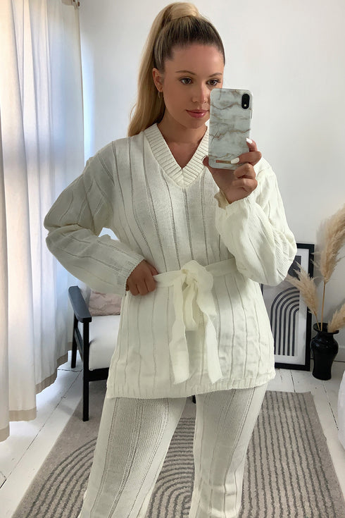 Jolie Cream Rib Belted Top and Leggings Knitted Co-Ord Set