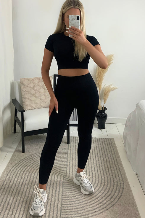 Helena Black Short Sleeve Crop Top and Leggings Gym Set
