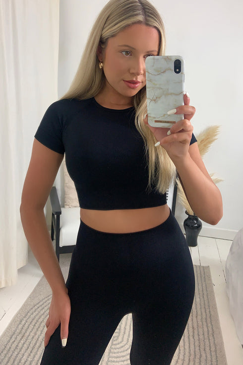 Helena Black Short Sleeve Crop Top and Leggings Gym Set