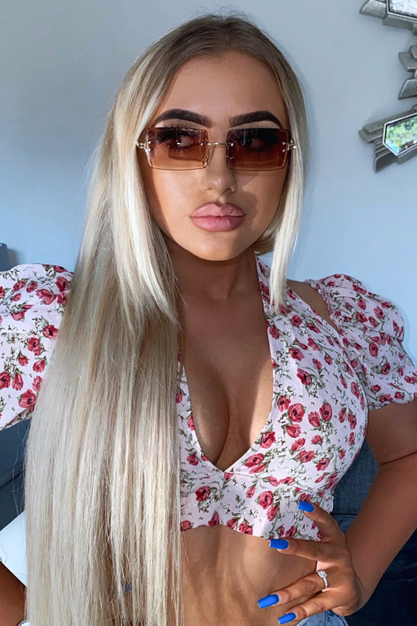 Kali Pink Floral Print Halterneck Plunge Crop Top