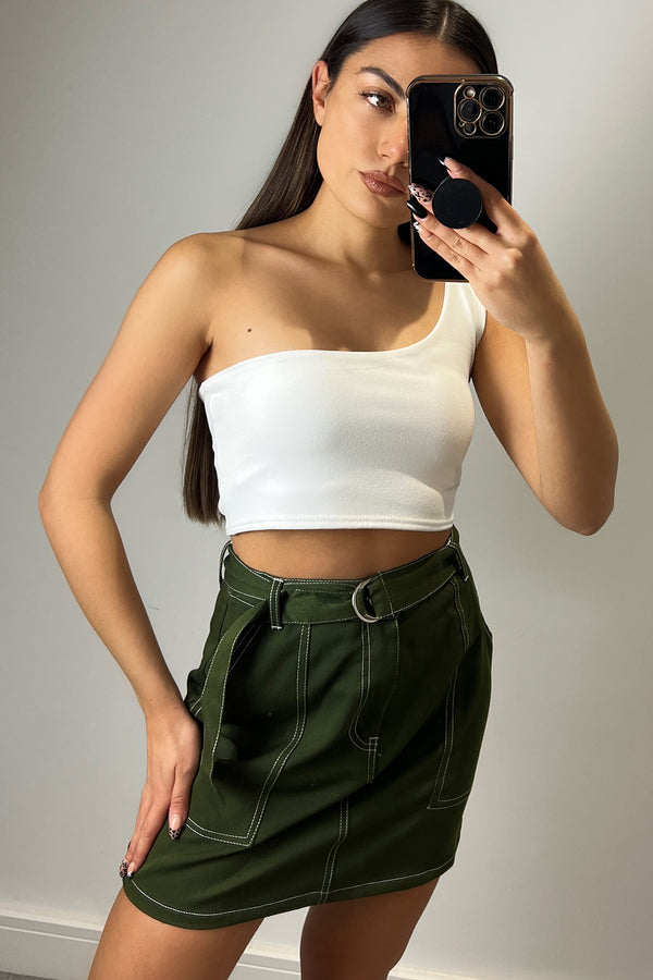 Eliana Khaki Contrast Stitch Utility Cargo Mini Skirt