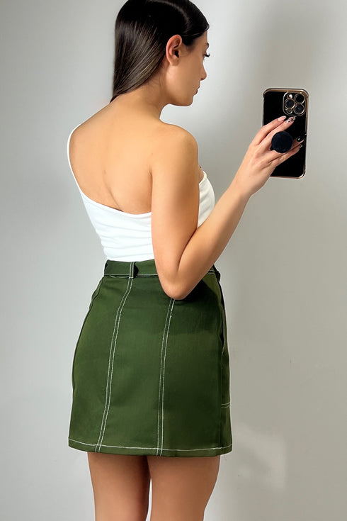Eliana Khaki Contrast Stitch Utility Cargo Mini Skirt
