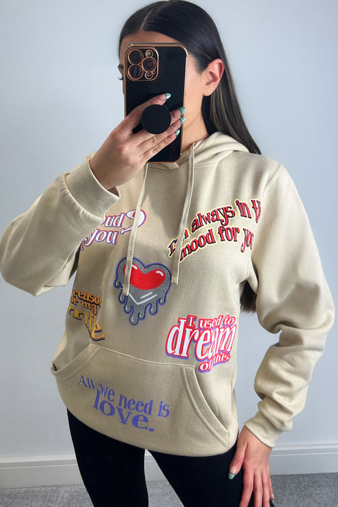 Farrah Beige All We Need Is Love Slogan Oversized Hoodie