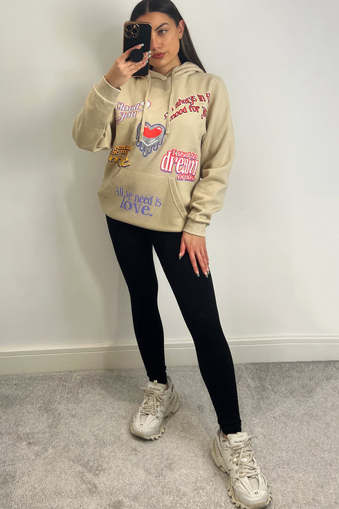 Farrah Beige All We Need Is Love Slogan Oversized Hoodie