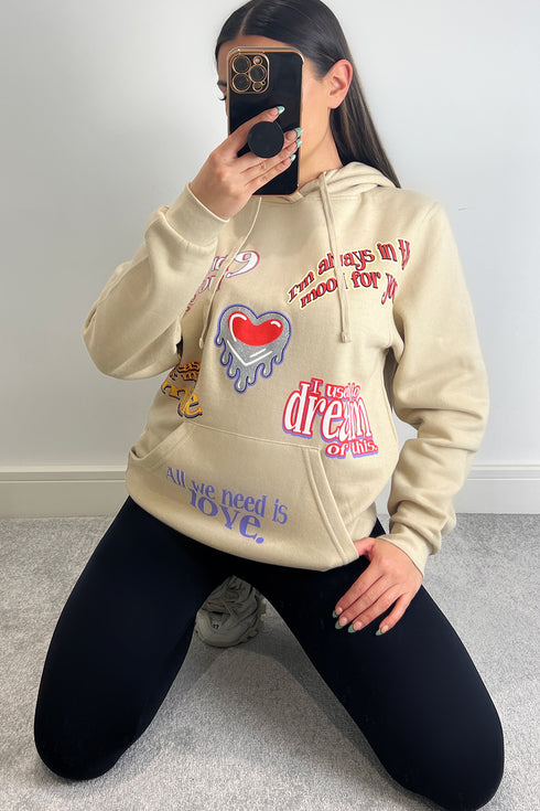 Farrah Beige All We Need Is Love Slogan Oversized Hoodie