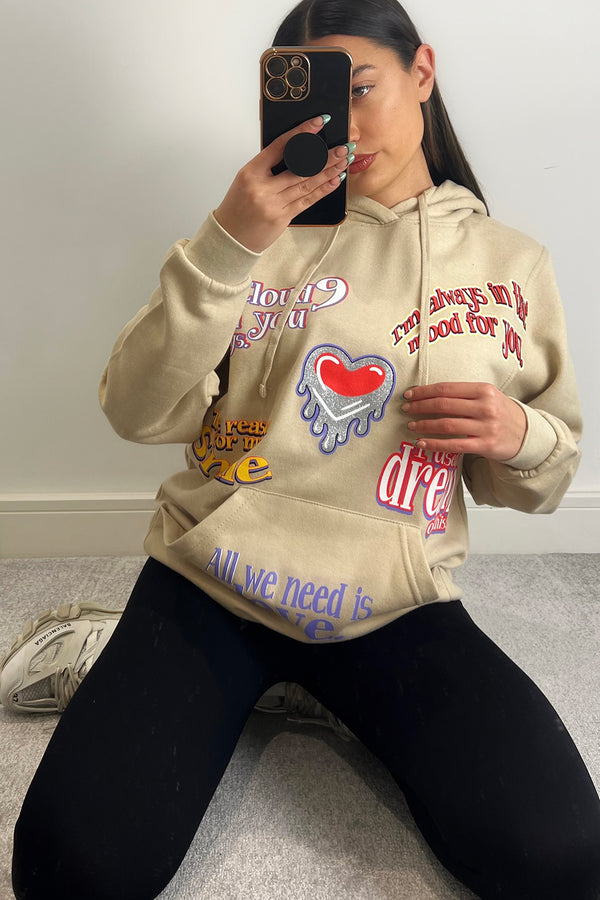 Farrah Beige All We Need Is Love Slogan Oversized Hoodie