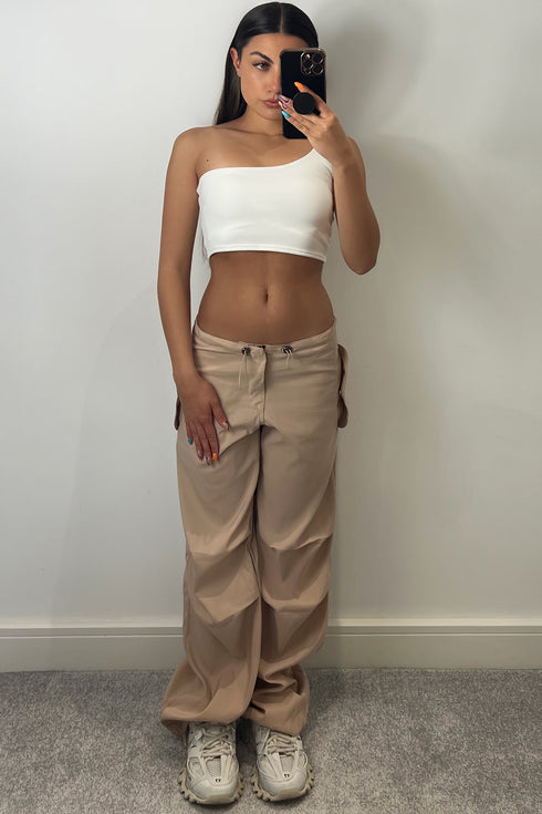 Lena Beige Low Rise Wide Leg Parachute Cargo Trousers