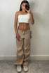 Lena Beige Low Rise Wide Leg Parachute Cargo Trousers