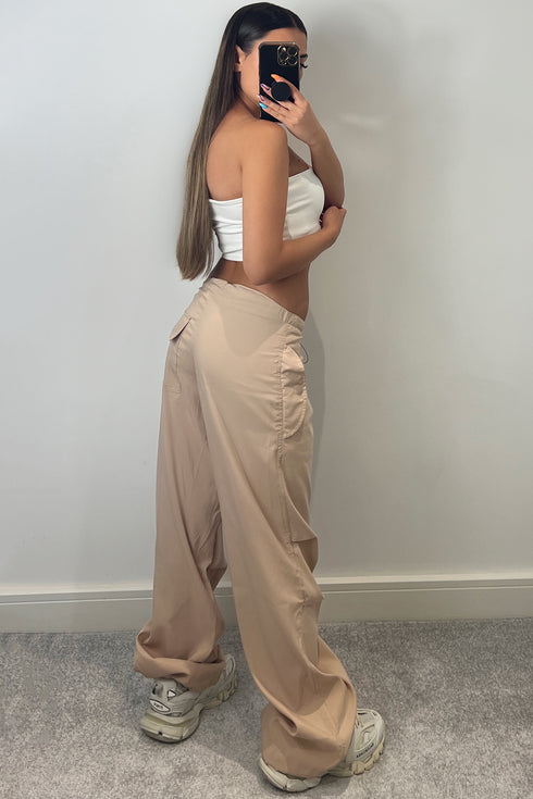 Lena Beige Low Rise Wide Leg Parachute Cargo Trousers
