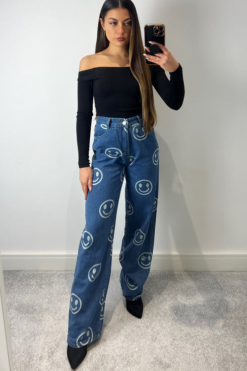 Jianna Blue Smiley Face Printed High Waisted Denim Jeans