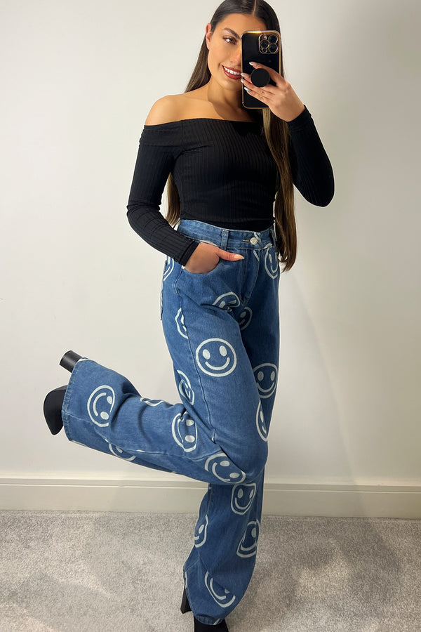 Jianna Blue Smiley Face Printed High Waisted Denim Jeans