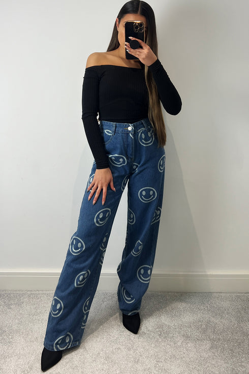 Jianna Blue Smiley Face Printed High Waisted Denim Jeans