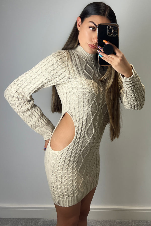 Samina Beige Cable Knit Cut Out Mini Dress